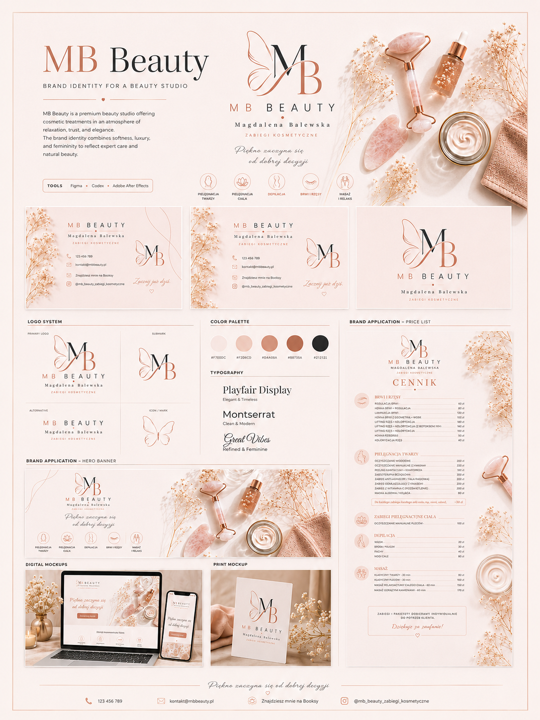 System identyfikacji wizualnej MB Beauty z logo, kolorami, typografią i materiałami