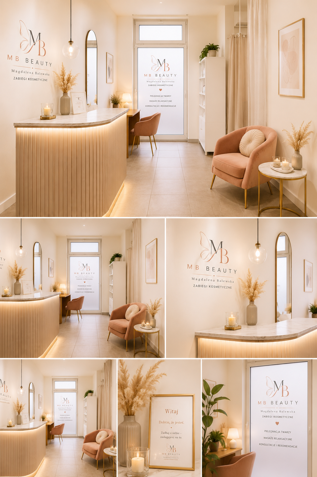 Pełna wizualizacja salonu MB Beauty z recepcją i strefami marki