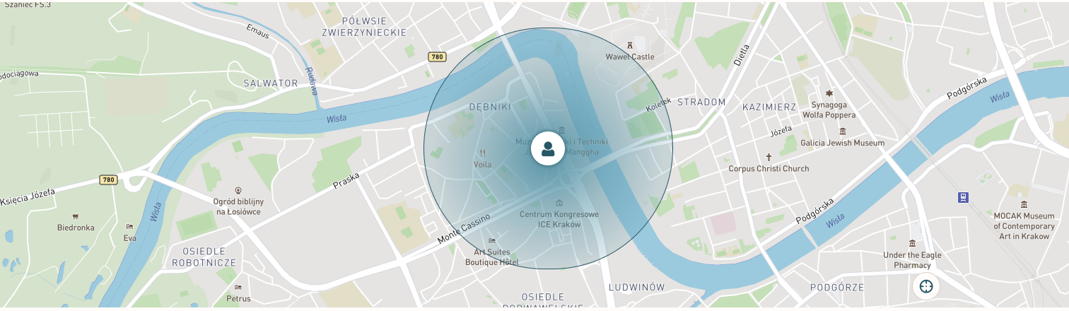 Mapa Krakowa z zaznaczonym obszarem opieki w Dębnikach