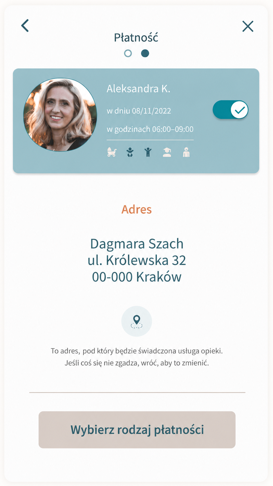 Ekran potwierdzenia adresu usługi opieki O MAMO! z przyciskiem wyboru rodzaju płatności