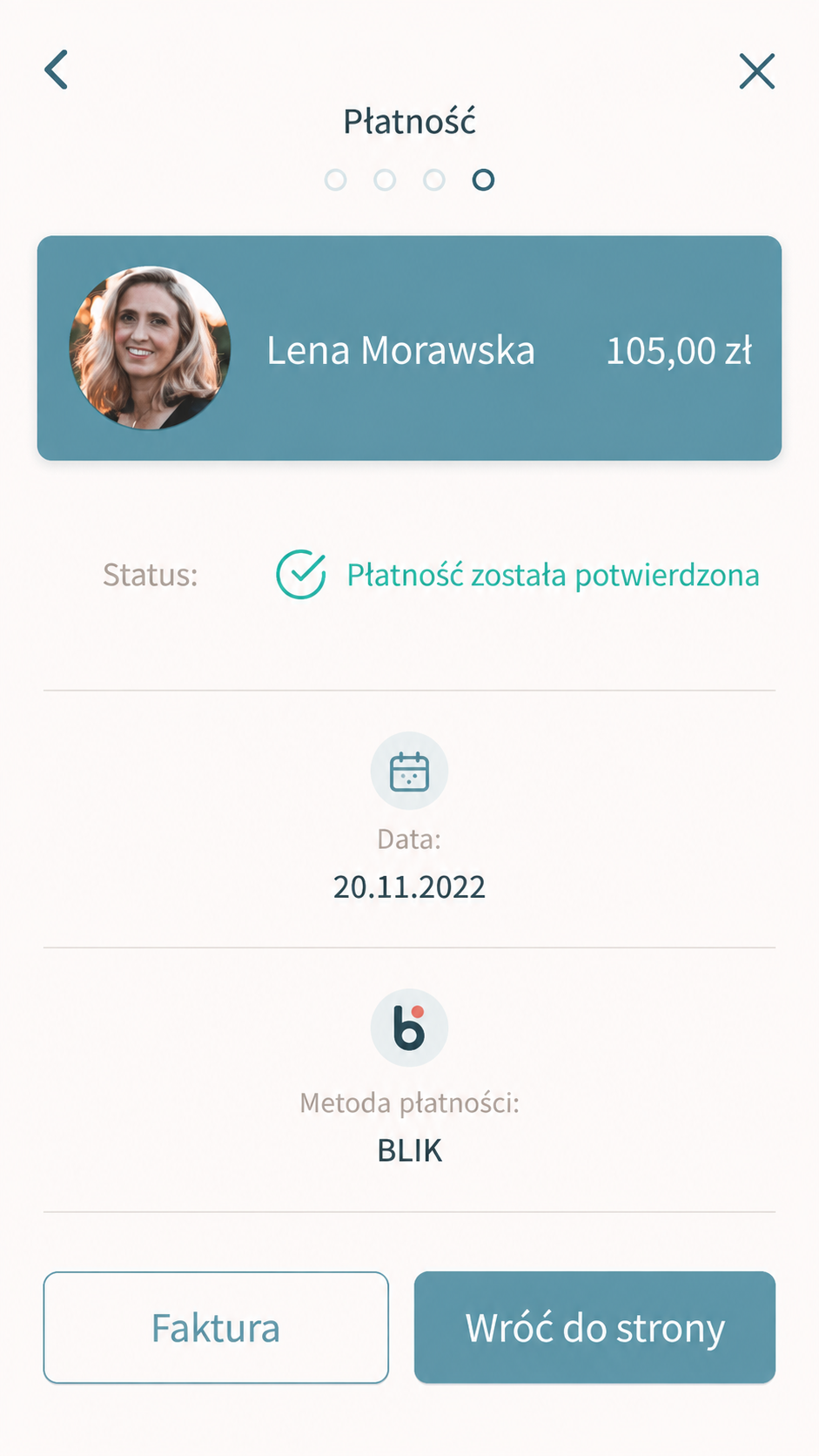 Ekran potwierdzonej płatności O MAMO! z kwotą 105 zł, metodą BLIK i przyciskami Faktura oraz Wróć do strony