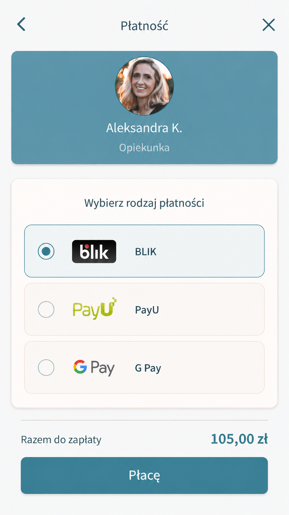 Ekran wyboru płatności O MAMO! z metodami BLIK, PayU i G Pay oraz kwotą 105 zł