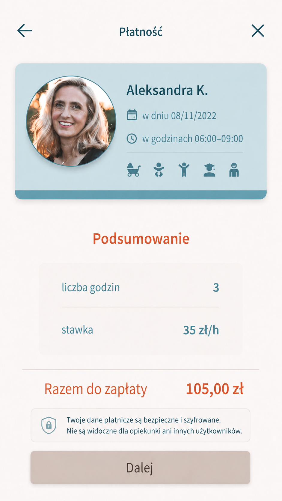 Ekran podsumowania płatności O MAMO! z danymi Aleksandry, terminem, stawką i kwotą 105 zł