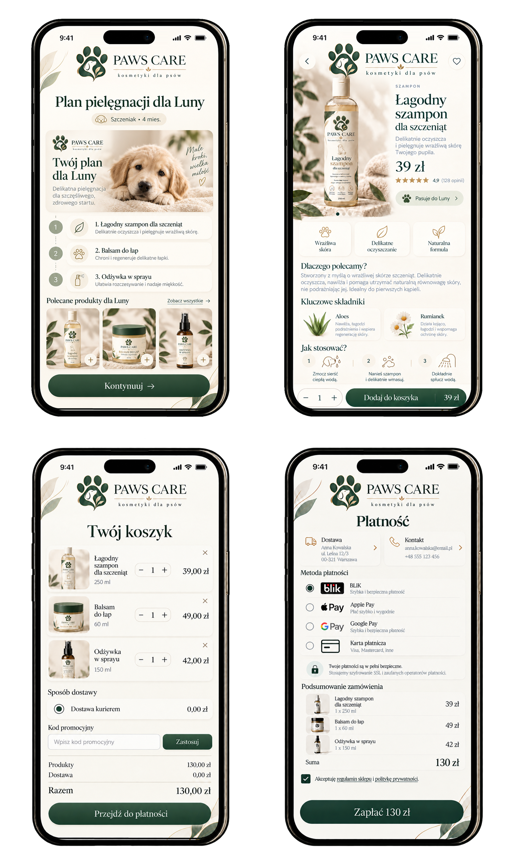 Cztery unikalne ekrany aplikacji PAWS Care: plan, produkt, koszyk i płatność
