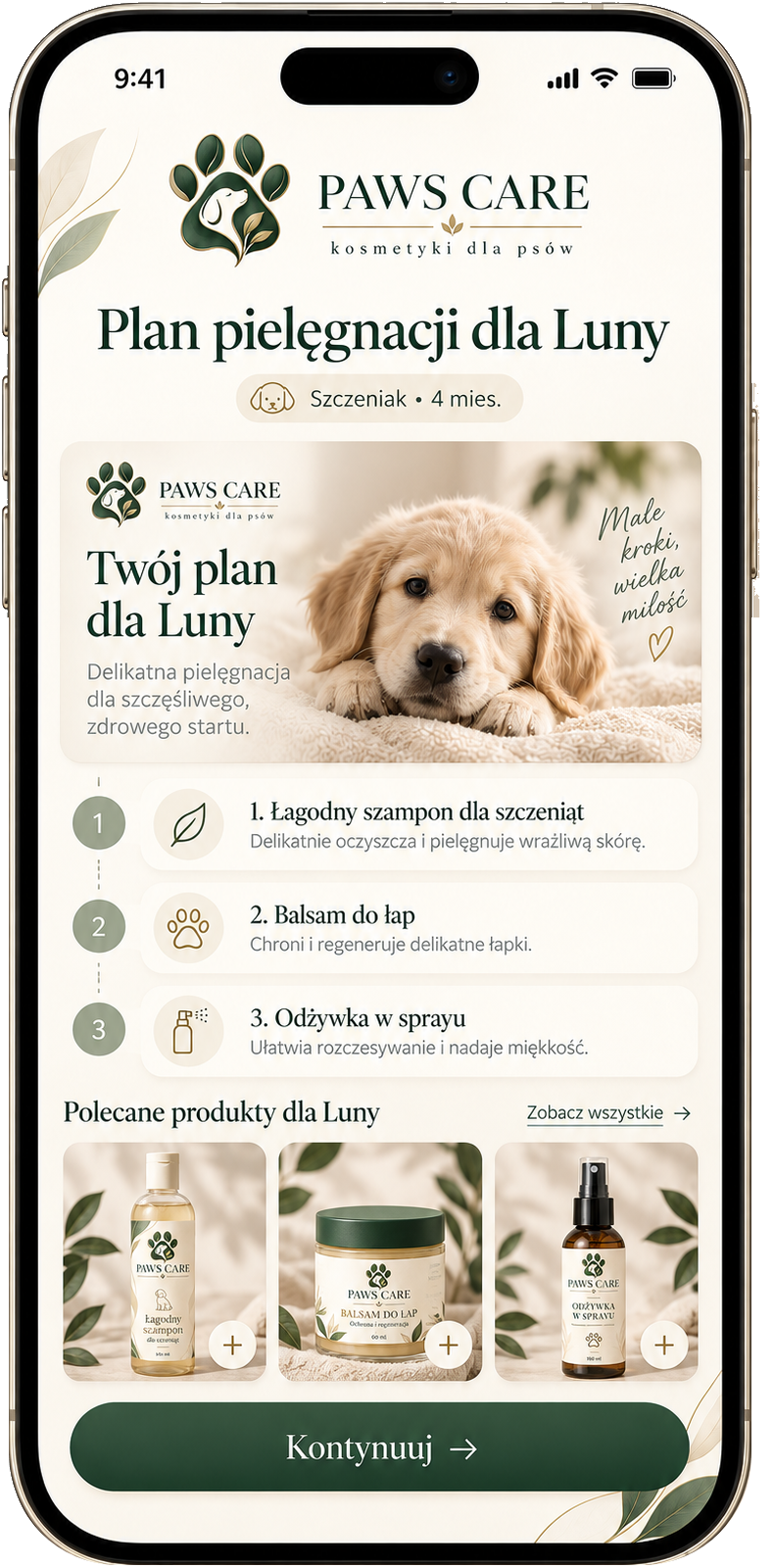 Plan pielęgnacji Luny w aplikacji PAWS Care