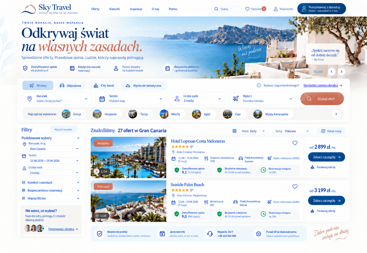 Wizualizacja kierunku interfejsu biura podróży Sky Travel z wyszukiwaniem ofert i listą hoteli
